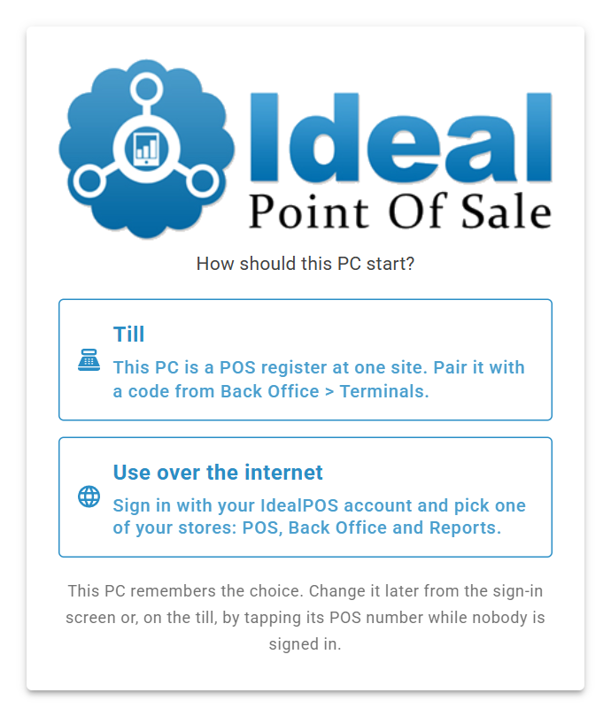 The start chooser: How should this PC start? Till, or Use over the internet.