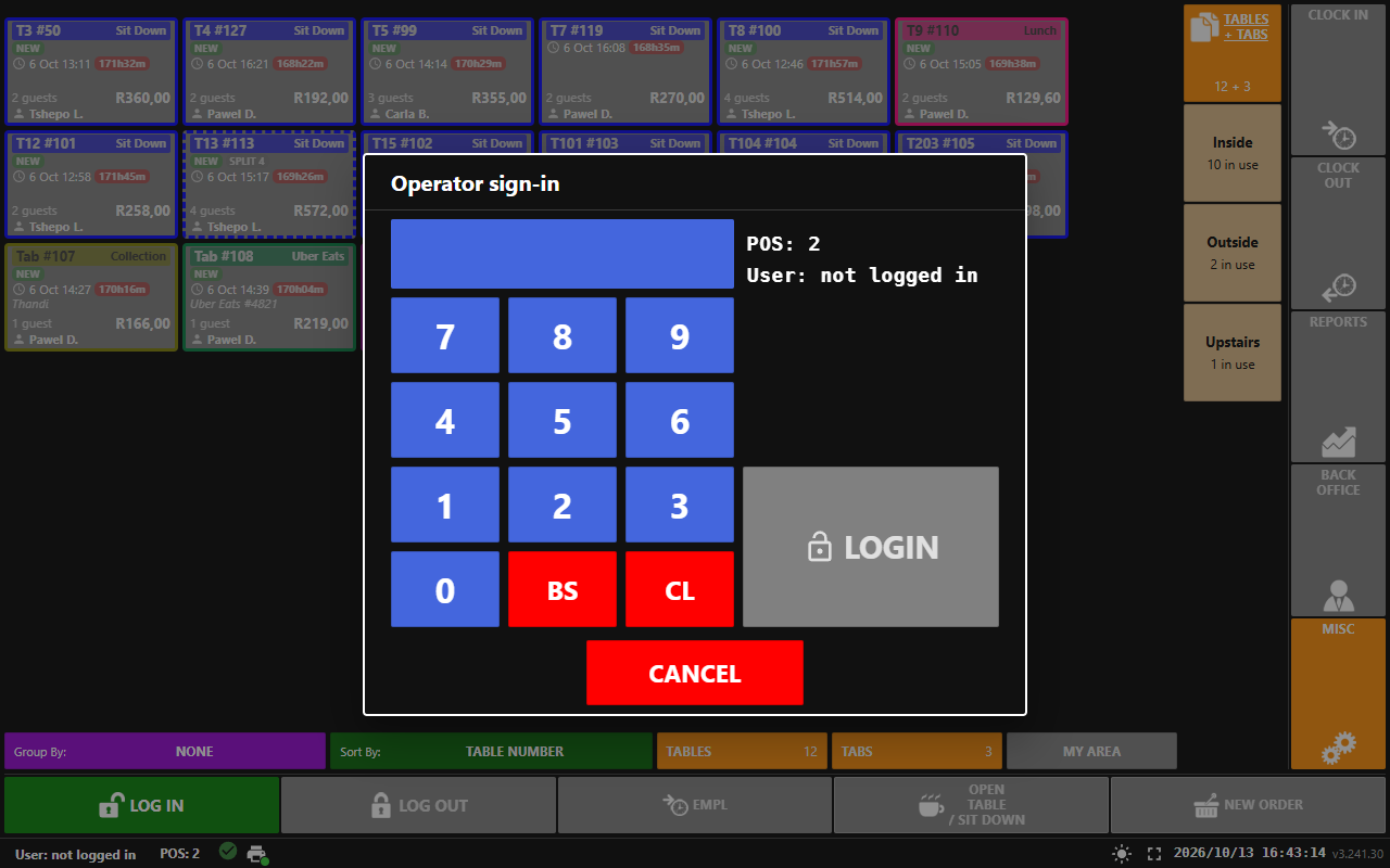 The paired till as POS 2: the operator sign-in PIN pad over the restaurant board.